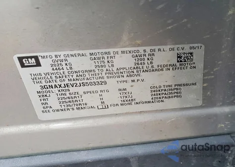 2018 Chevrolet Equinox Lt from USA, damaged, VIN 3GNAXJEV2JS503329